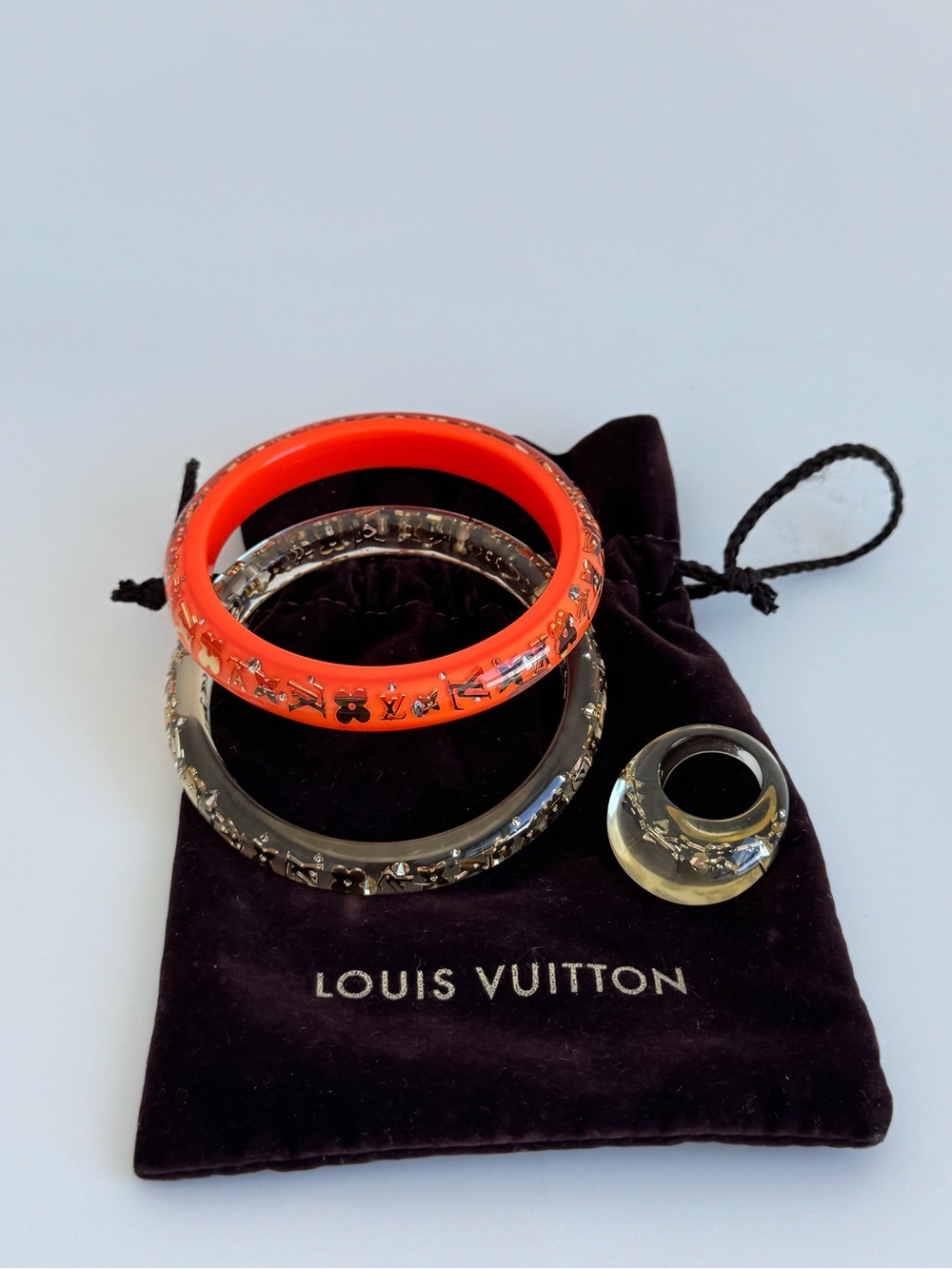 Vintage Louis Vuitton Monogram Inclusion Narrow Resin Bangle Bracelets&Ring Set